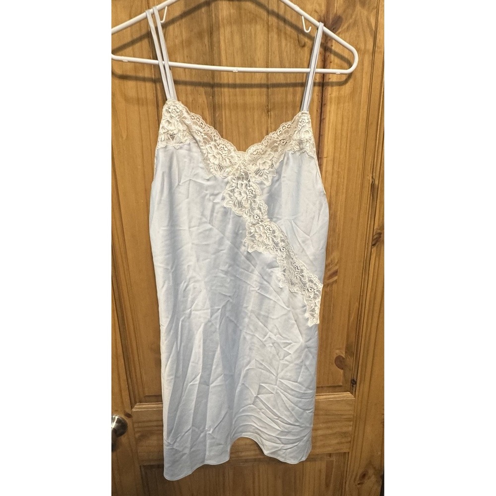 Lauren Ralph Lauren Blue Satin Lace Slip Nightgown‎ M Romantic Winter Lingerie